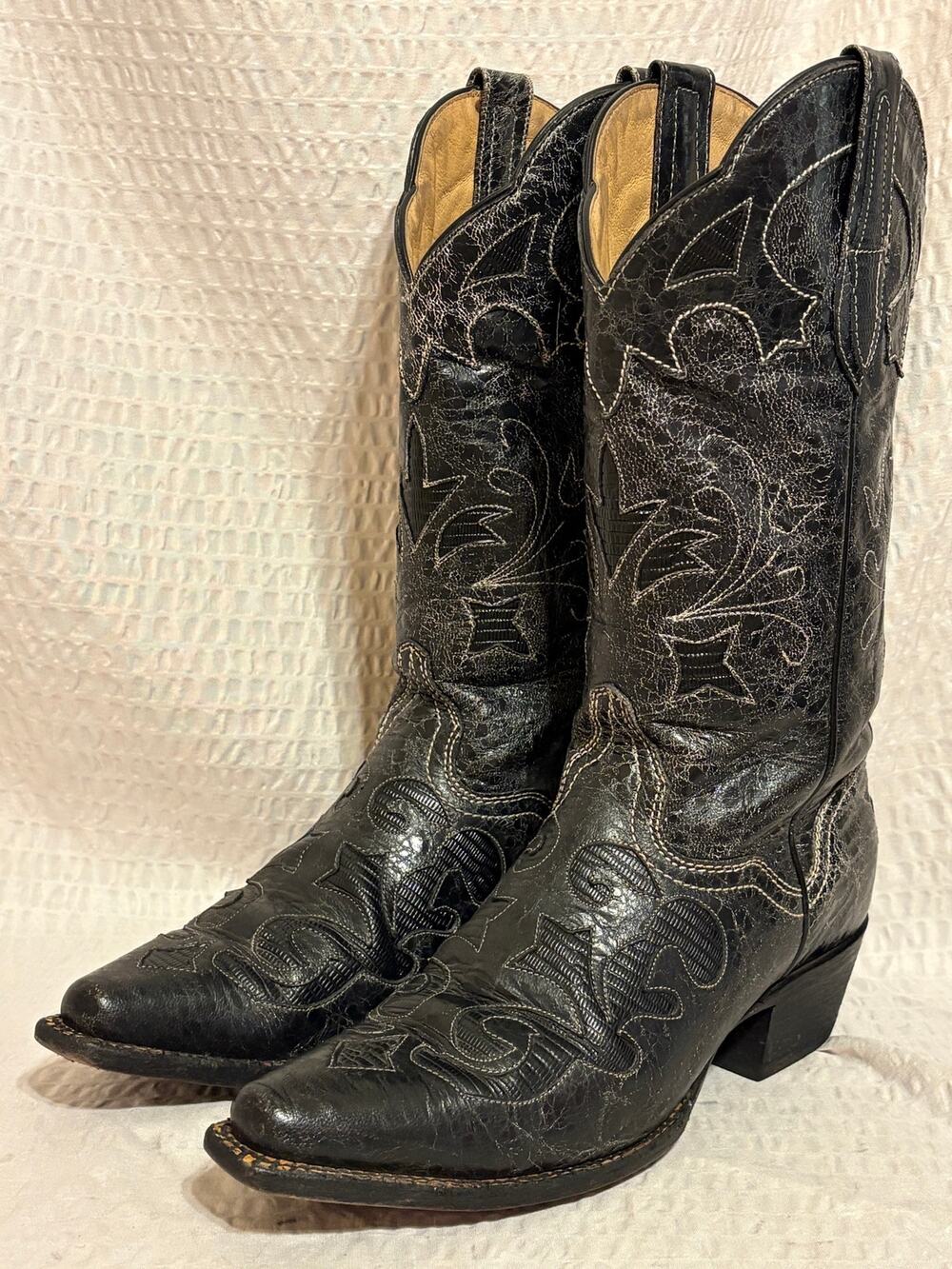 JB Dillon Goat Crackled Leather Lizard Inlay Women’s Western Boots 8B EUC Mexico
